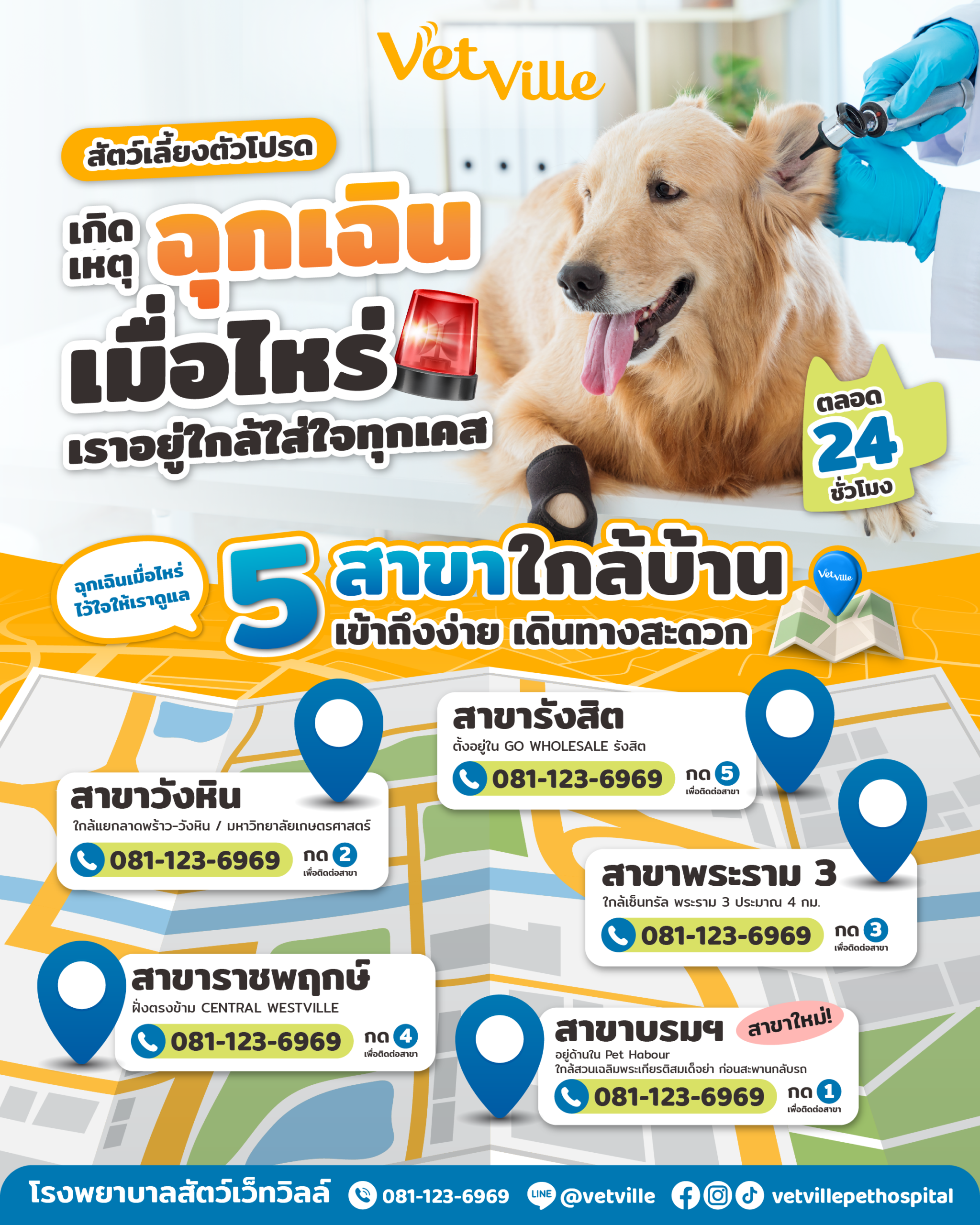 อินโฟกราฟิกโปรโมตโรงพยาบาลสัตว์เว็ทวิลล์ แสดงภาพสุนัขโกลเด้นรีทรีฟเวอร์กำลังได้รับการตรวจหูจากสัตวแพทย์ พร้อมข้อความ ‘สัตว์เลี้ยงตัวโปรด เกิดเหตุฉุกเฉินเมื่อไหร่ เราอยู่ใกล้ใส่ใจทุกเคส’ และบริการเปิดตลอด 24 ชั่วโมง ด้านล่างเป็นแผนที่แสดง 5 สาขาใกล้บ้าน ได้แก่ สาขาบรมฯ สาขาวังหิน สาขาพระราม 3 สาขาราชพฤกษ์ และสาขารังสิต พร้อมเบอร์โทร 081-123-6969 และช่องทางติดต่อ Line @vetville รวมถึงโซเชียลมีเดีย Vetville Pet Hospital