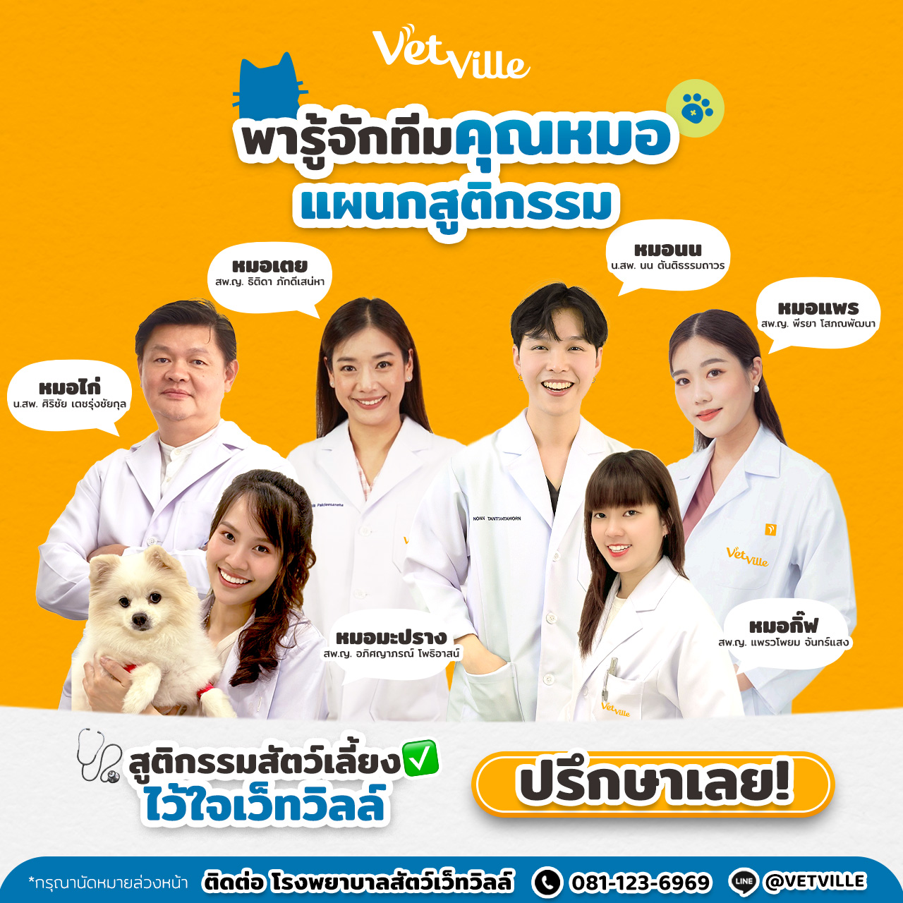 ภาพทีมสัตวแพทย์แผนกสูติกรรมของโรงพยาบาลสัตว์ Vetville สวมเสื้อกาวน์สีขาว ยืนรวมกันอย่างเป็นมิตร พร้อมข้อความเชิญปรึกษาบริการสูติกรรมสัตว์เลี้ยง สื่อถึงความน่าเชื่อถือ และการดูแลสัตว์เลี้ยงอย่างใกล้ชิด