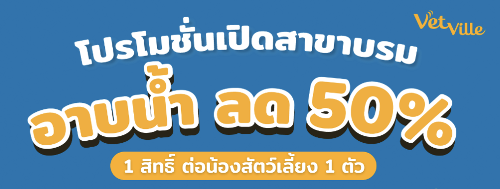 โปรโมชั่นอาบน้ำสัตว์เลี้ยงลด 50% โรงพยาบาลสัตว์ Vetville สาขาบรมราชชนนี อาบน้ำสุนัขเริ่มต้น 100 บาท อาบน้ำแมวเริ่มต้น 150 บาท พร้อมบริการตัดเล็บ เช็ดหู ไถเท้า ไถท้อง และบีบต่อมฟรี จำกัด 1 สิทธิ์ต่อสัตว์เลี้ยง 1 ตัว