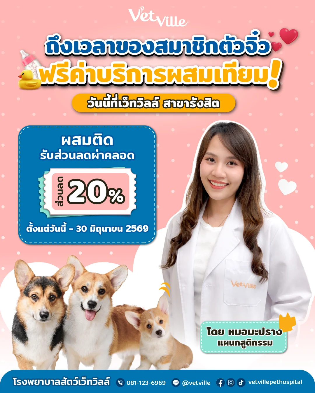โปรโมชั่นผสมเทียมสุนัข Vetville ฟรีค่าบริการ สำหรับสมาชิก พร้อมส่วนลดค่าคลอด 20% ที่สาขารังสิต ดูแลโดยสัตวแพทย์ เริ่มวันนี้ถึง 30 มิถุนายน 2569