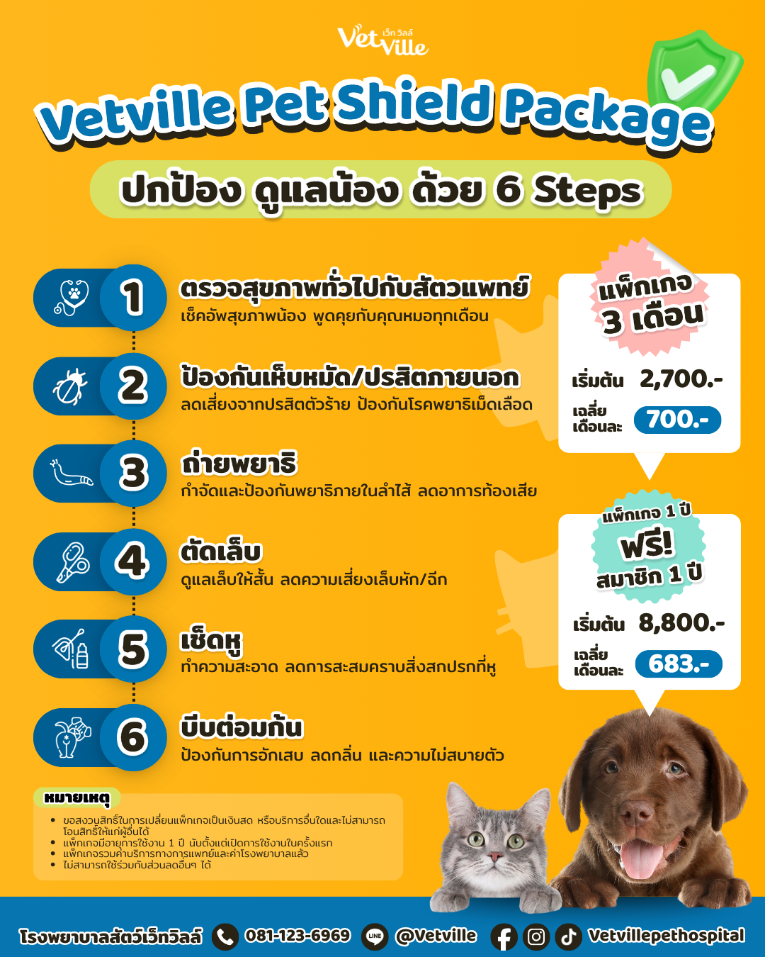 Vetville Pet Shield Package แพ็กเกจดูแลสุนัขและแมว ครบ 6 ขั้นตอน ตรวจสุขภาพ ถ่ายพยาธิ ป้องกันเห็บหมัด ตัดเล็บ เช็ดหู บีบต่อมก้น ราคาเริ่มต้น 2,700 บาท สำหรับ 3 เดือน และ 8,800 บาท สำหรับ 1 ปี โรงพยาบาลสัตว์ Vetville