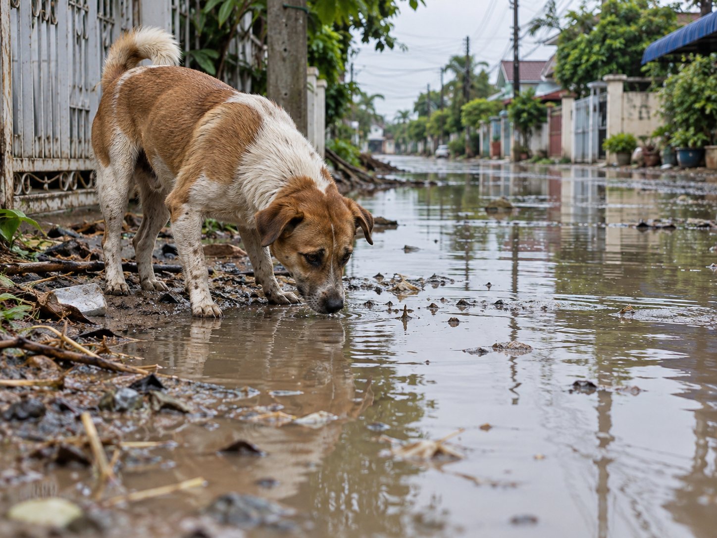 สุนัขสัมผัสน้ำขังหลังฝนตก เสี่ยงได้รับเชื้อ Leptospira ที่เป็นสาเหตุของโรคฉี่หนูในสุนัข